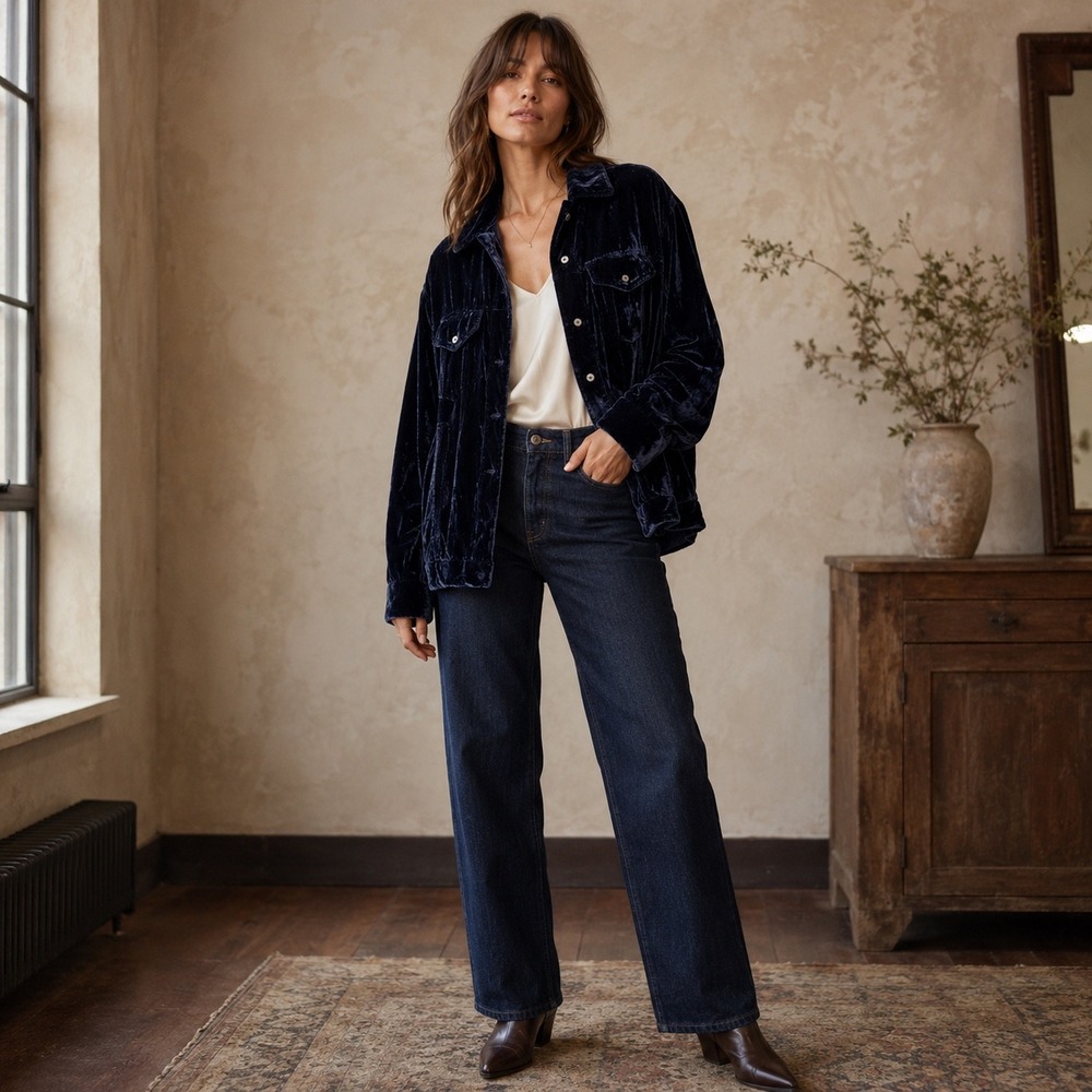 Anthropologie Kyla Seo Silk Velvet Trucker Jacket M Western Boho Y2K